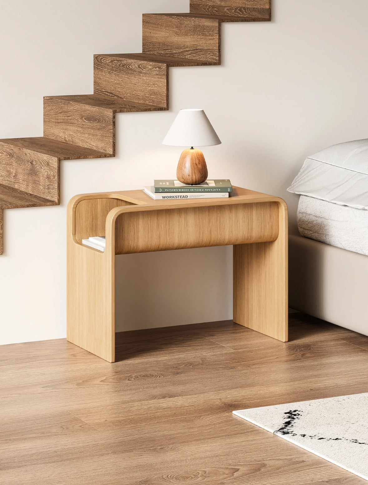Minimalist Wooden Side Table with Storage – C-Shaped Multi-Functional End Table for Living Room & Bedroom