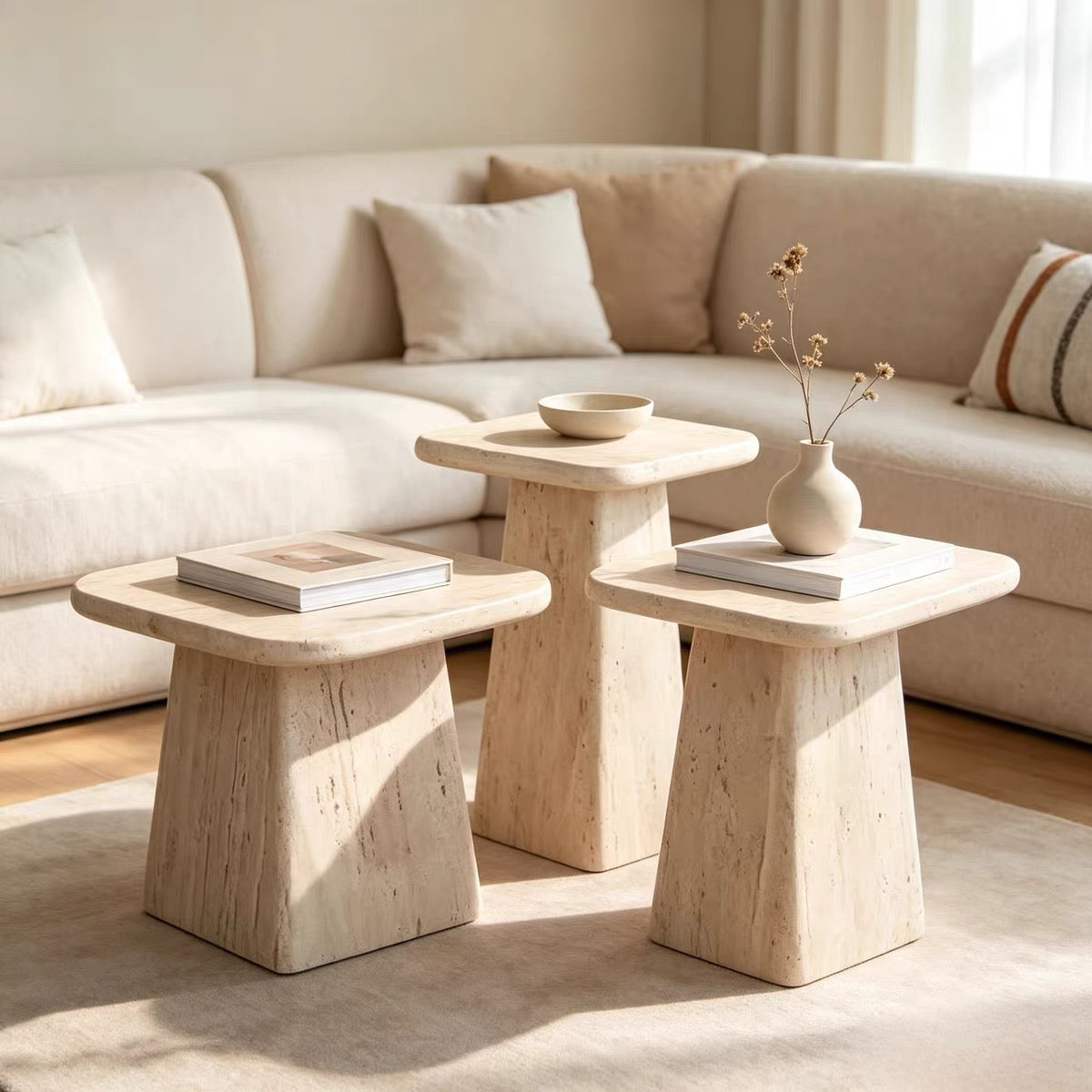 Custom Travertine Pedestal Side Table | Natural Stone End Table, Sculpture Display Stand & Accent Table