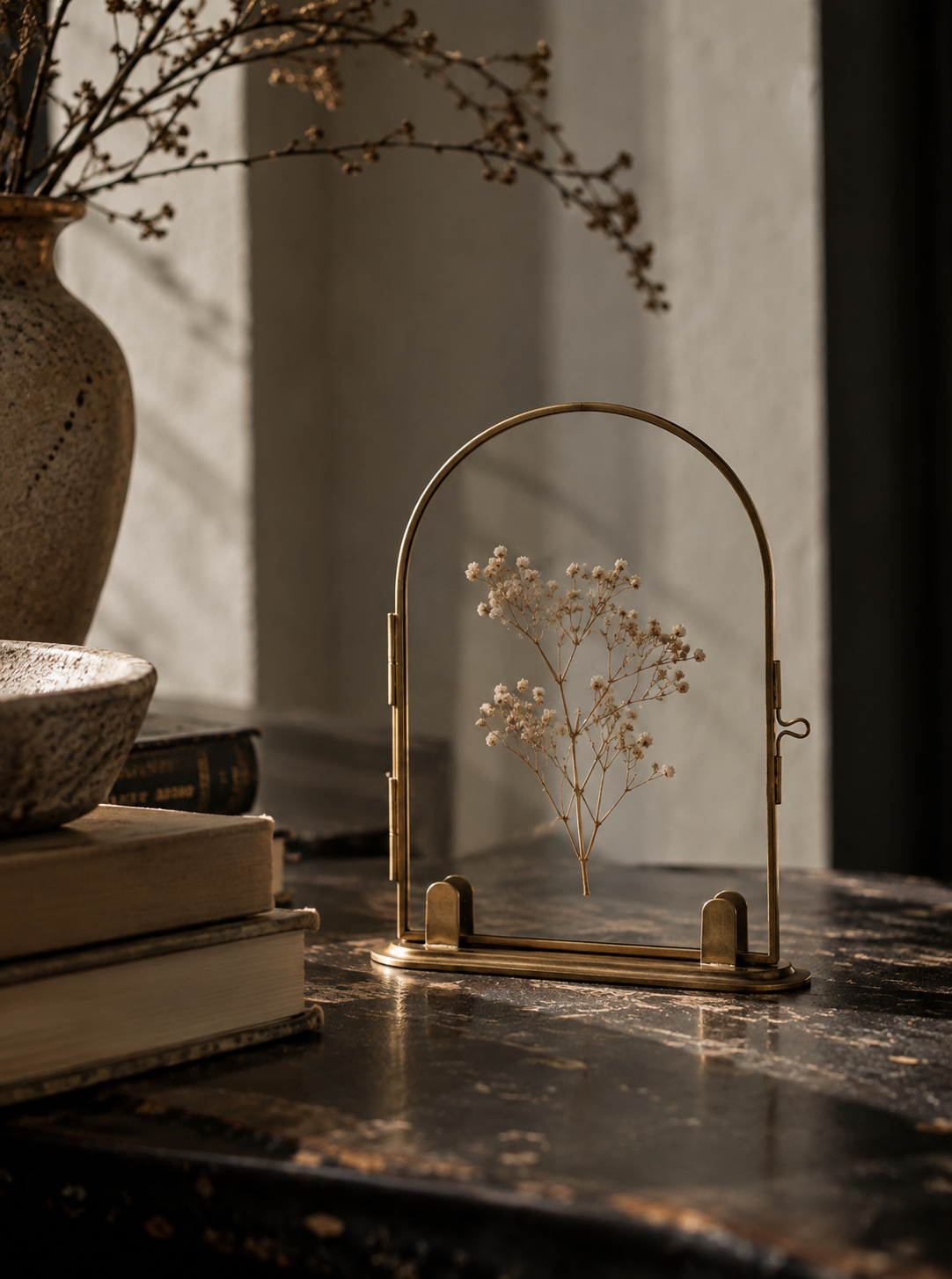 Arched Brass Floating Glass Frame | Vintage Botanical & Pressed Flower Display