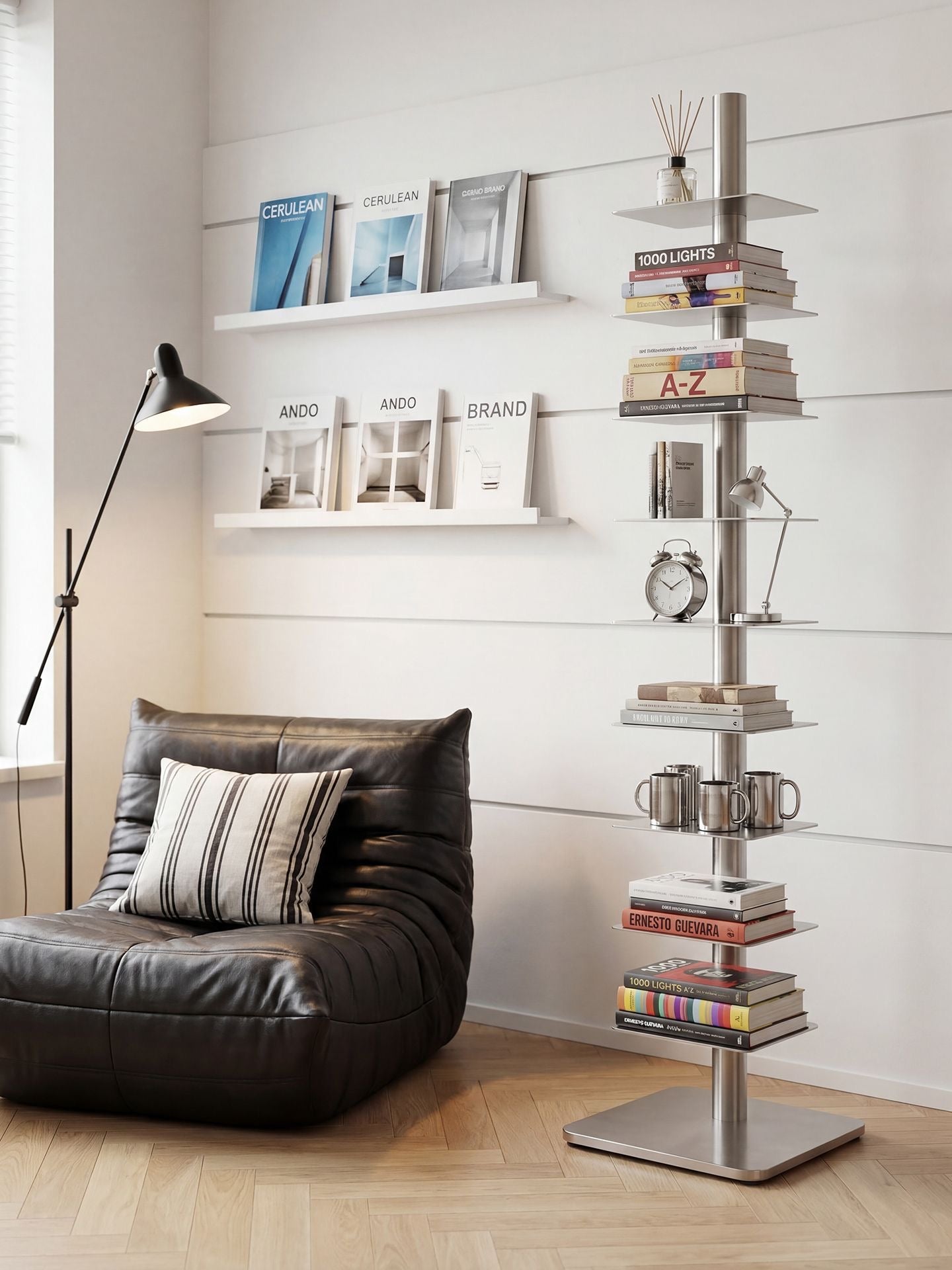 Stainless Steel Rotating Book Tower | Modern Vertical Bookshelf & Space-Saving Floor Standing Bookcase