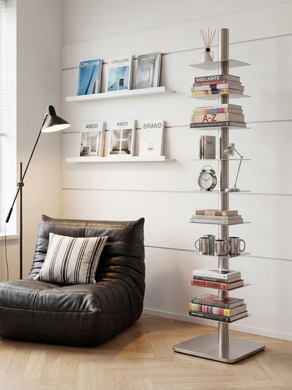 Stainless Steel Rotating Book Tower | Modern Vertical Bookshelf & Space-Saving Floor Standing Bookcase