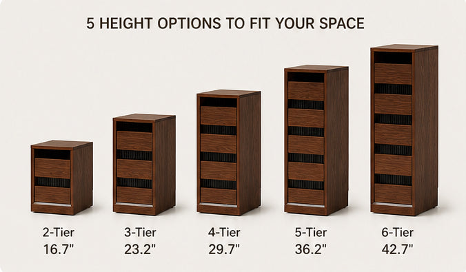 Dimensions chart for 2-tier to 6-tier slim wooden storage cabinets