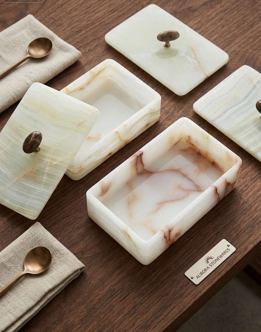 Artisan White Onyx Keepsake Box | Genuine Natural Stone Jewelry Box with Ornate Gold Handle | Unique Luxury Home Deco