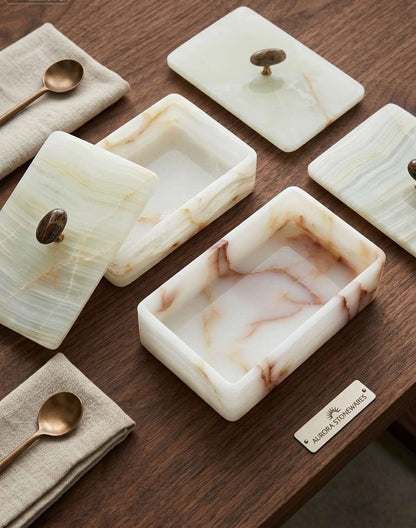 Artisan White Onyx Keepsake Box | Genuine Natural Stone Jewelry Box with Ornate Gold Handle | Unique Luxury Home Deco