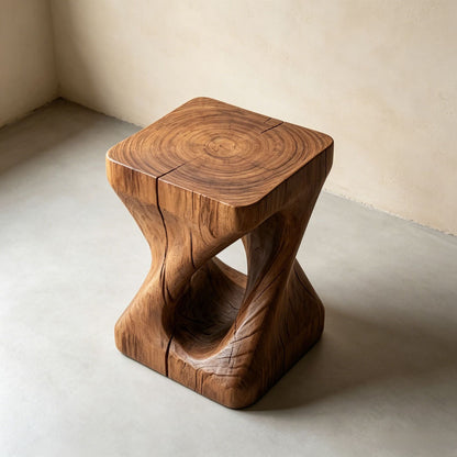 Sculptural Geometric Solid Wood Stool & Side Table