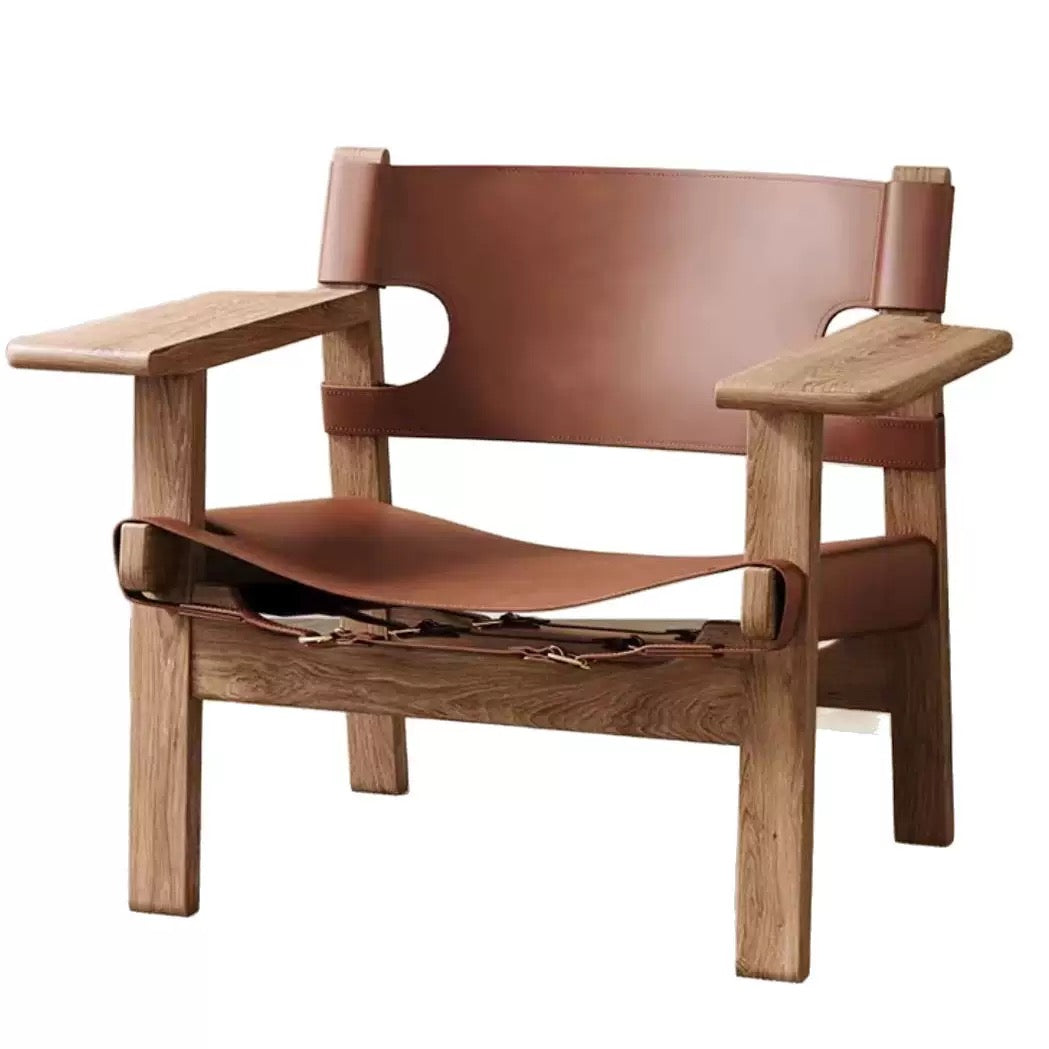 Spanish Chair | Genuine Leather Sling Lounge Chair – Solid Wood Mid-Century Armchair