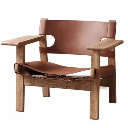 Spanish Chair | Genuine Leather Sling Lounge Chair – Solid Wood Mid-Century Armchair