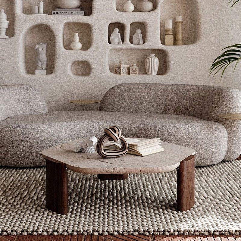 Organic Travertine Coffee Table | Round Stone Coffee Table with Solid Wood Legs