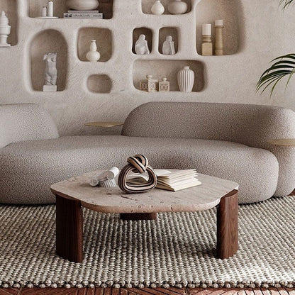 Organic Travertine Coffee Table | Round Stone Coffee Table with Solid Wood Legs