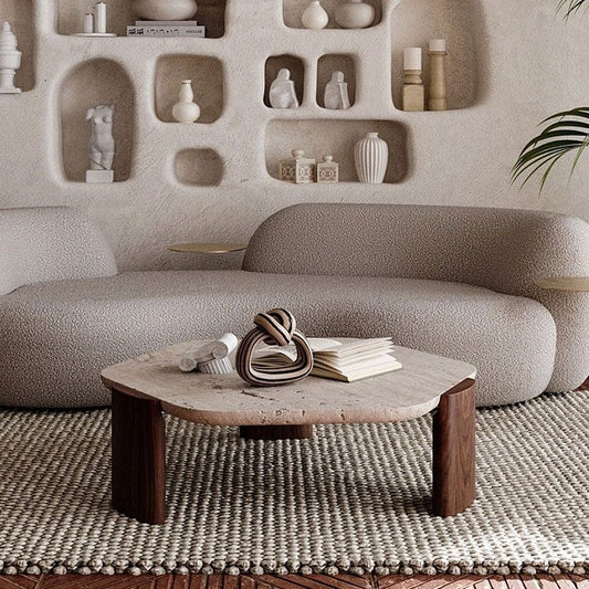 Biomorphic Travertine Coffee Table | Organic Modern Stone & Walnut Furniture | Sculptural Low Centerpiece