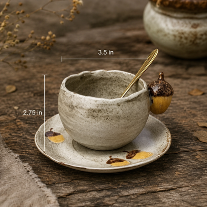 Artisan Acorn Handmade Ceramic Coffee Set | 3-Piece Wabi-Sabi Mug, Saucer & Spoon | Unique Forest-Inspired Gift