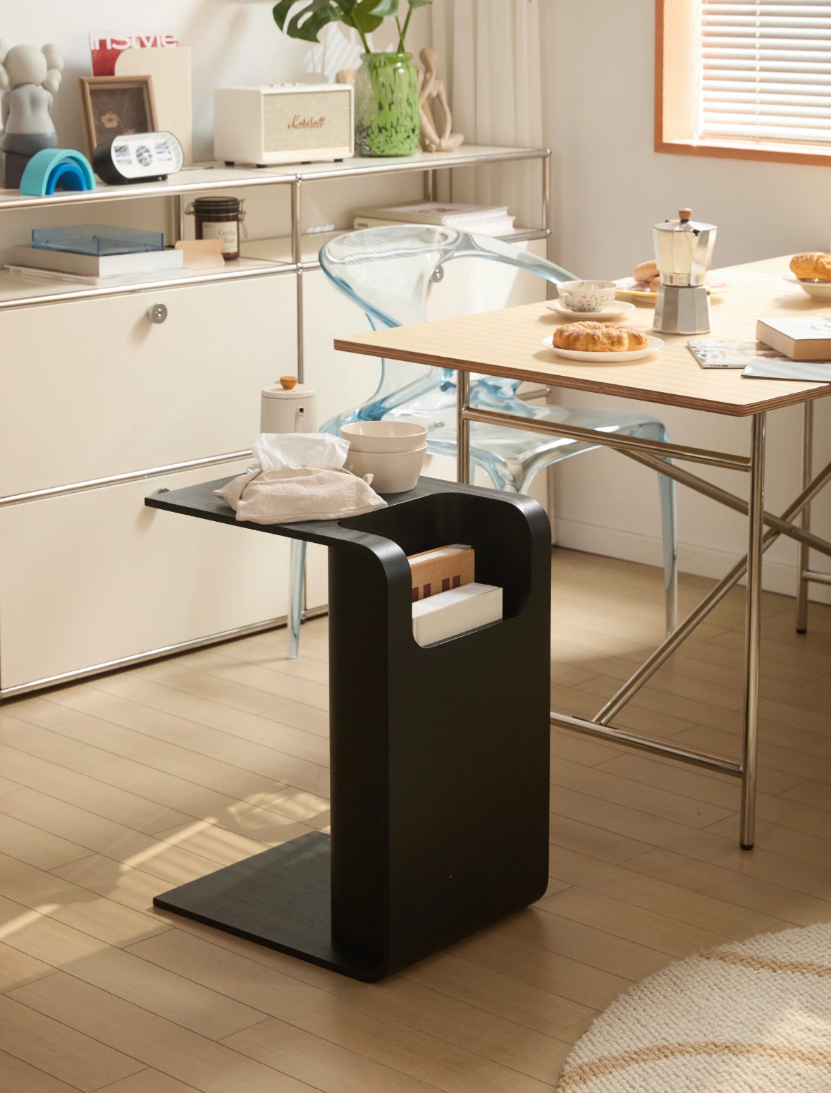 Minimalist Wooden Side Table with Storage – C-Shaped Multi-Functional End Table for Living Room & Bedroom