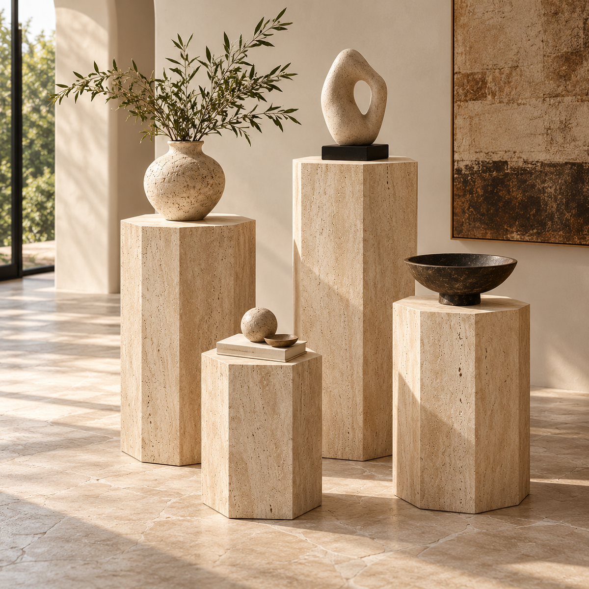 Hexagonal Travertine Pedestal | Natural Stone Display Plinth, Sculpture Stand & Side Table