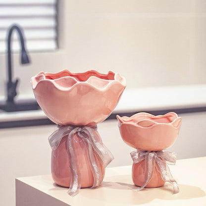 Blush Bouquet Ceramic Vase – Handcrafted Ruffled Decorative Flower Pot with Silver Ribbon