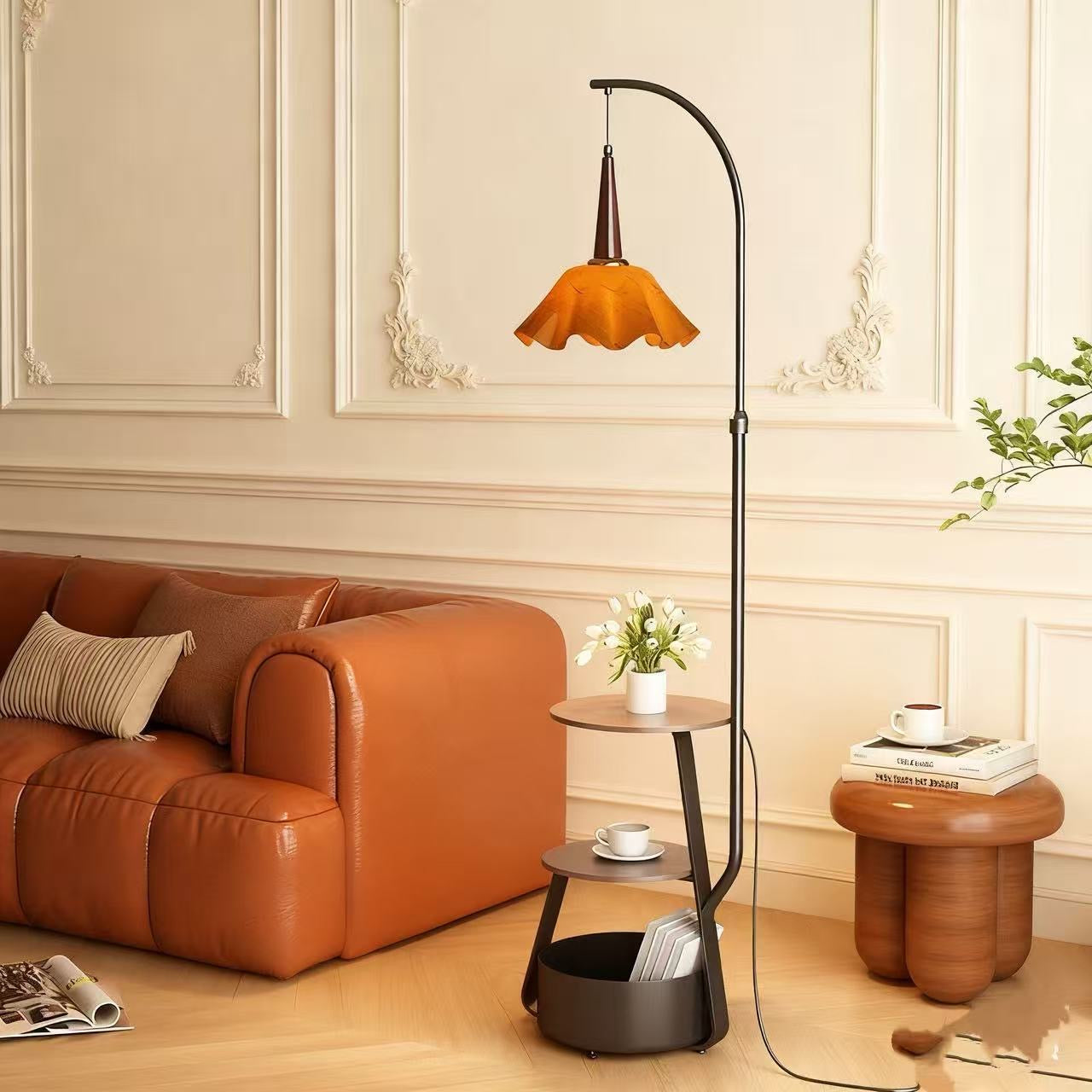 Arc Floor Lamp with 3-Tier Plant Stand | Japandi Wooden Slat
