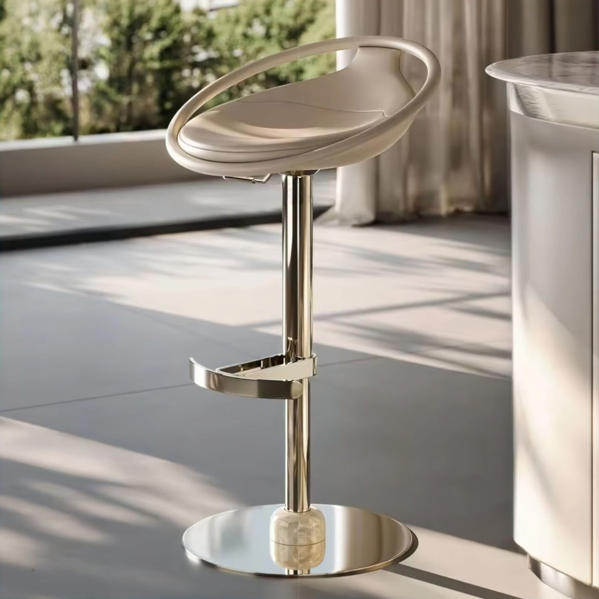 Sculptural 360° Swivel Bar Stool — Ivory & Polished Stainless Steel