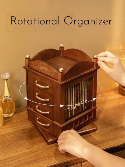 Rotating Wooden Jewelry Organizer with Drawers