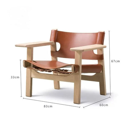Spanish Chair | Genuine Leather Sling Lounge Chair – Solid Wood Mid-Century Armchair
