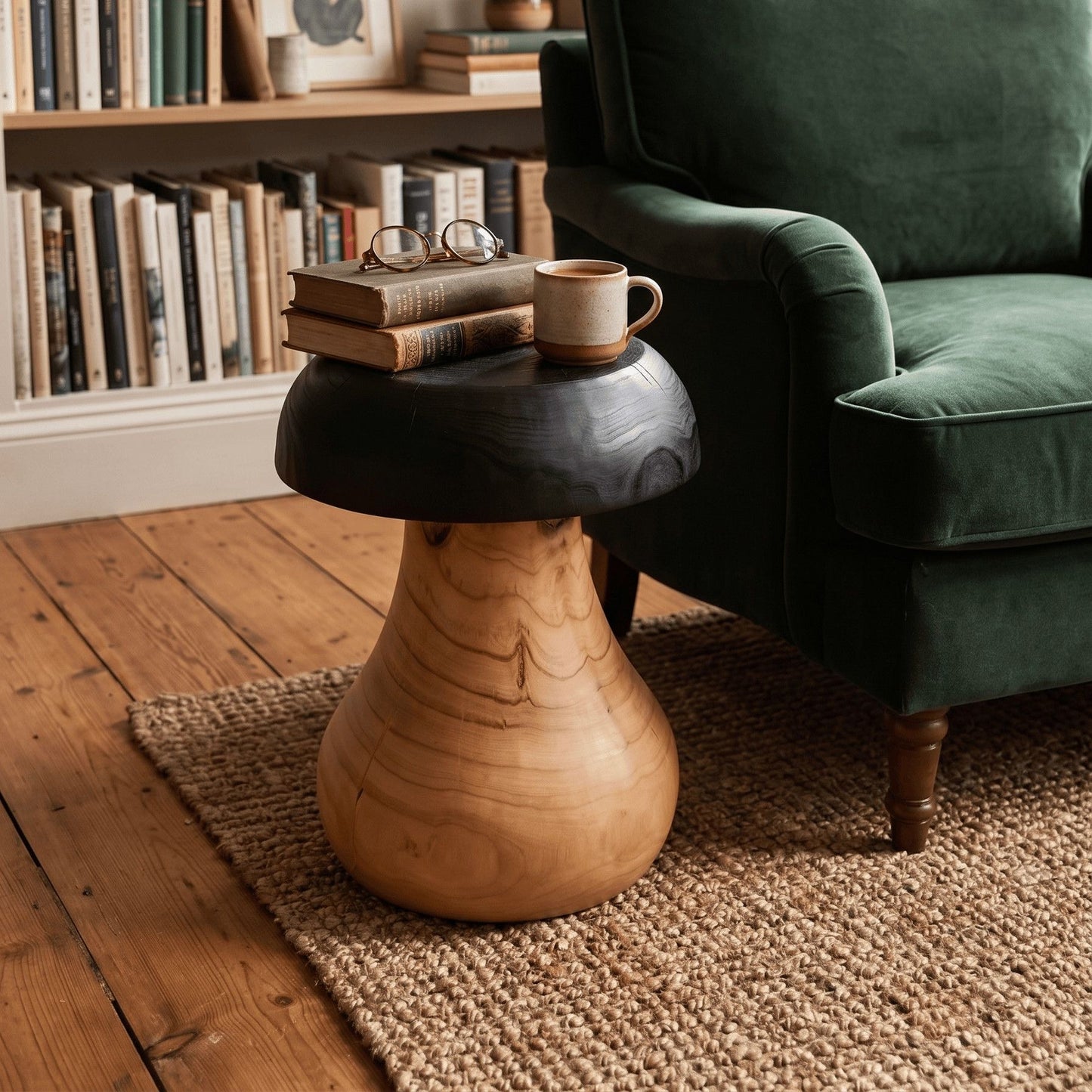Artisan Mushroom Wood Side Table | Hand-Carved Solid Wood End Table | Charred Two-Tone Organic Modern Stool