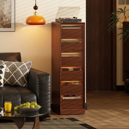 Modern Walnut Solid Wood Vertical Storage Cabinet 6-tier tower in living room