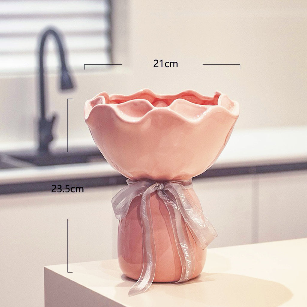 Blush Bouquet Ceramic Vase – Handcrafted Ruffled Decorative Flower Pot with Silver Ribbon