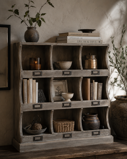 A rustic gray wooden open shelving unit with nine cubby compartments and metal label hooks, styled with books, ceramic vases, bowls, and baskets in a warm, sunlit room.