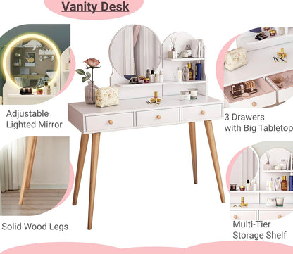 Makeup Vanity Desk with Mirror and Lights, Vanity Dressing Table with 3 Drawers, Storage Shelf, 3 Lighting Modes Brightness Adjustable, Bedroom Makeup Table for Girls Women