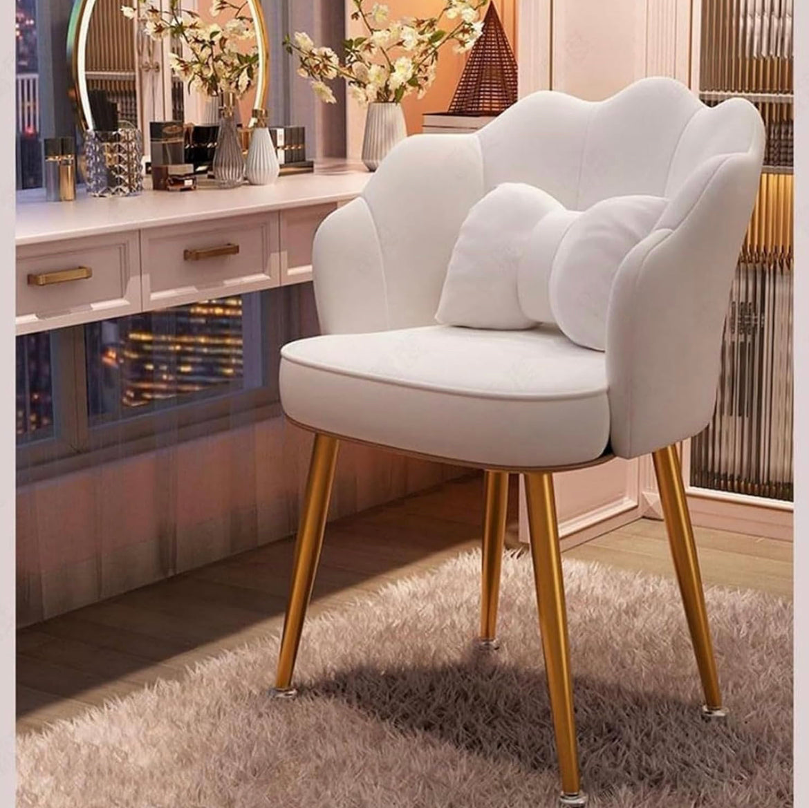 Floral Vanity Chair Soft Accent Chair Accent Chaise Chair for Living Room/Bed Room Shell Shape Vanity Chairs with Petal Metal Legs Stylish and Functional