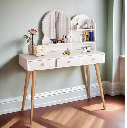 Makeup Vanity Desk with Mirror and Lights, Vanity Dressing Table with 3 Drawers, Storage Shelf, 3 Lighting Modes Brightness Adjustable, Bedroom Makeup Table for Girls Women