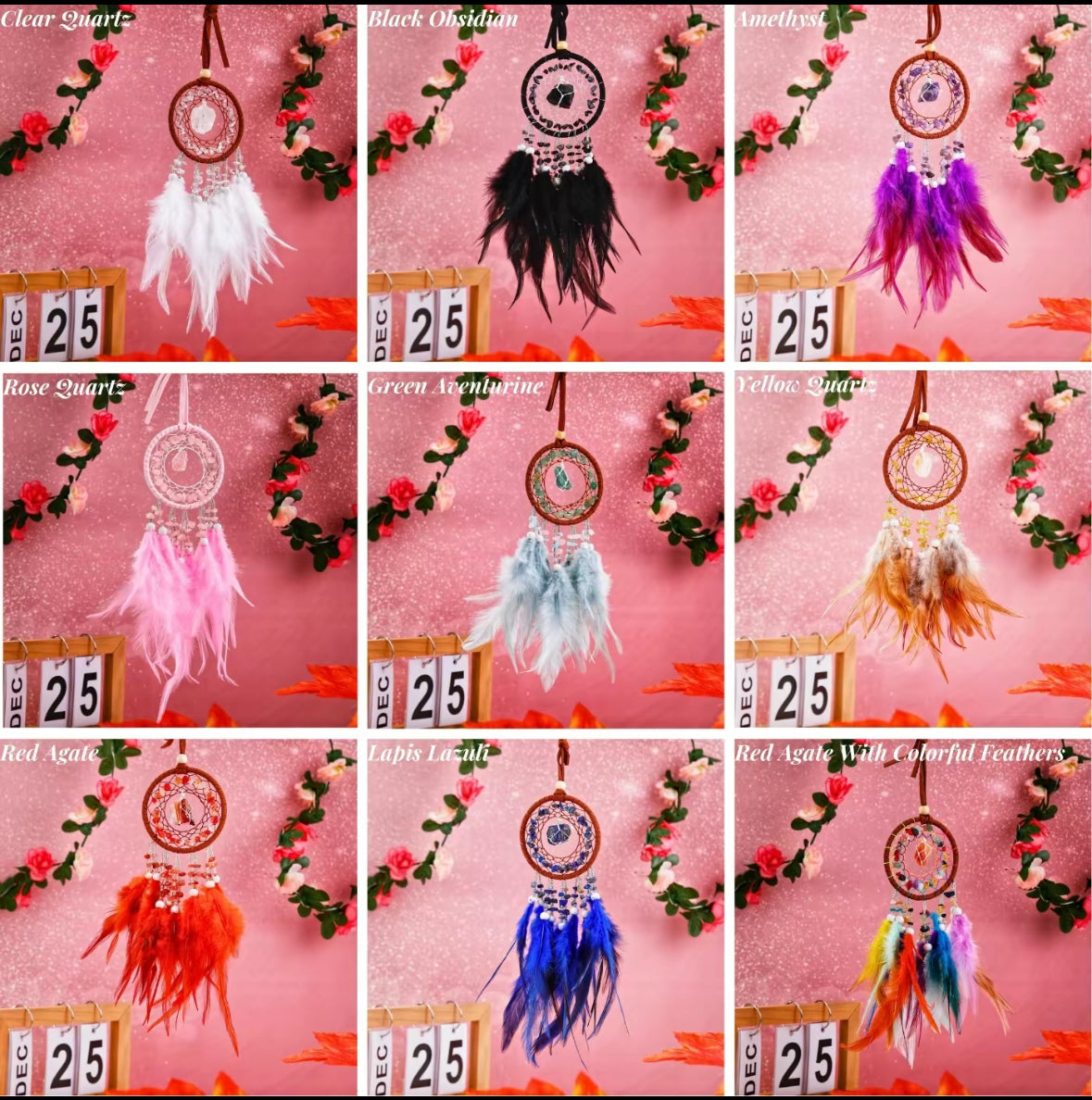 Handcrafted Crystal Dream Catchers with Feathers