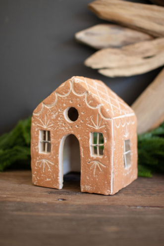 Ivory and Terracotta Gingerbread House Luminary | Rustic Ceramic Christmas Decor