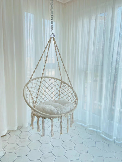 Bohemian Macrame Hammock Chair with Cushion - Indoor/Outdoor Hanging Rope Swing with Hardware Kit & Strap