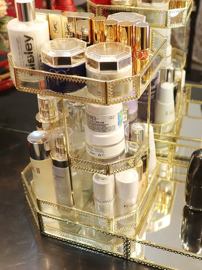 Gold Glass Rotation Makeup Perfume Tray Organizer