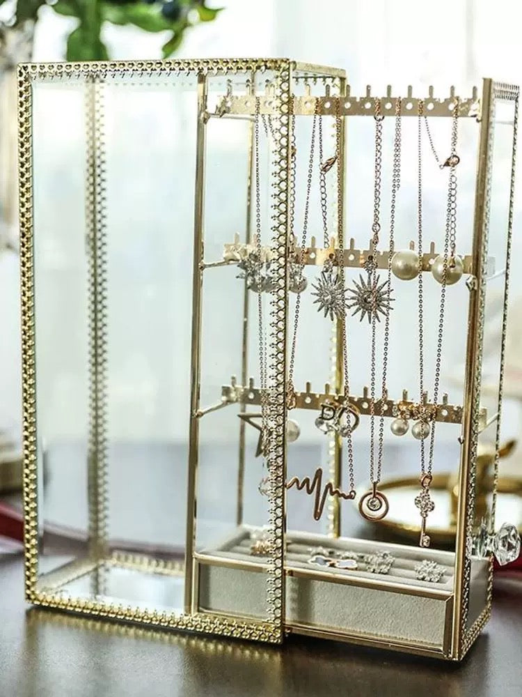 Elegant Glass Silver Lace Trim Jewelry Standing Display Case with Necklace and Earring Holder