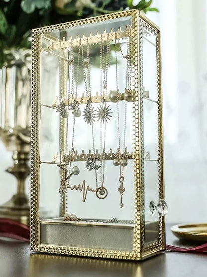 Elegant Glass Silver Lace Trim Jewelry Standing Display Case with Necklace and Earring Holder