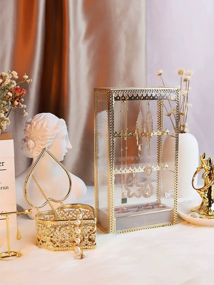 Elegant Glass Silver Lace Trim Jewelry Standing Display Case with Necklace and Earring Holder