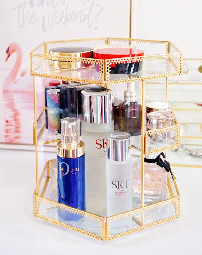 Gold Glass Rotation Makeup Perfume Tray Organizer