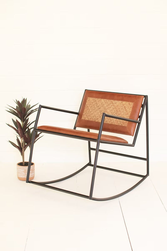 Kalalou Rocking Iron Chair with Leather and Woven Cane