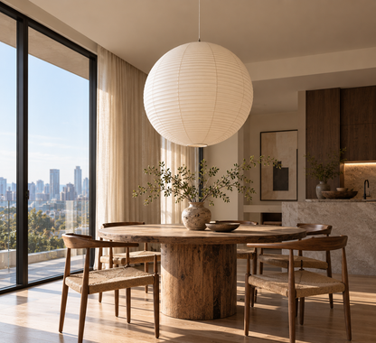A modern dining room scene with a round natural wood table, six woven-back wooden chairs, a large white paper lantern pendant light, and tall floor-to-ceiling windows overlooking a city skyline.