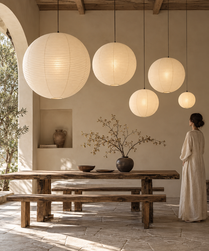A woman in a long cream dress stands beside a rustic wooden dining table in a sunlit neutral interior, with five large spherical hanging paper lantern lights above and a vase of branches on the table.