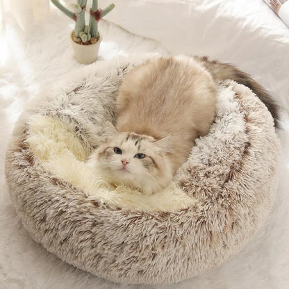 Round Plush Calming Cat Cave – Cozy, Soft, and Warm Pet Bed for Cats & Small Dogs