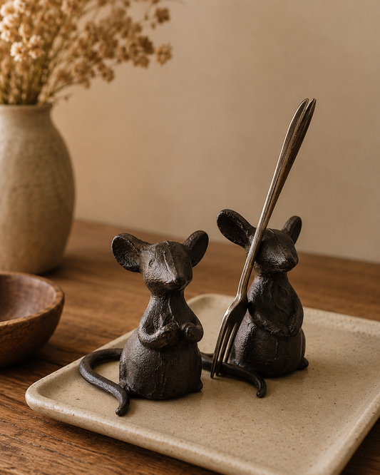 Decorative mouse-shaped spoon holders on a ceramic tray with a neutral background