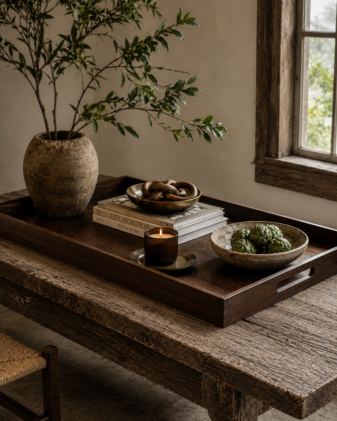 Wooden tray with decorative items including a vase, bowl, and candle on a rustic wooden table.
