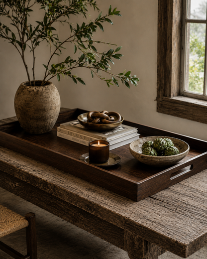 Wooden tray with decorative items including a vase, bowl, and candle on a rustic wooden table.