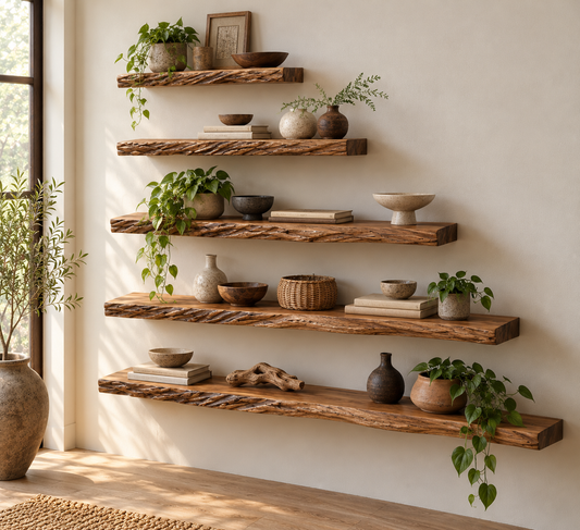 Solid Wood Floating Shelf – Rustic Carved Edge Natural Pine Wall Shelf with Heavy-Duty Brackets