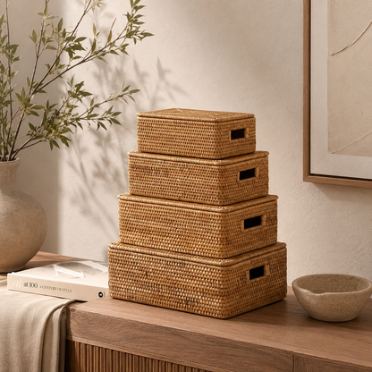 Handmade Woven Rattan Basket with Lid – Multi-Size Storage Box for Bathroom, Closet, or Living Room