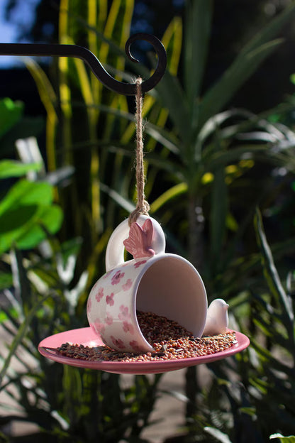 Kalalou Ceramic Pink Tea Cup and Saucer Bird Feeder - Unique Garden Décor for Bird Lovers