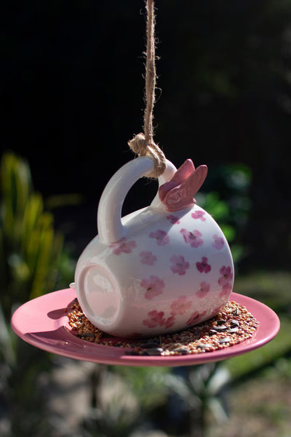 Kalalou Ceramic Pink Tea Cup and Saucer Bird Feeder - Unique Garden Décor for Bird Lovers