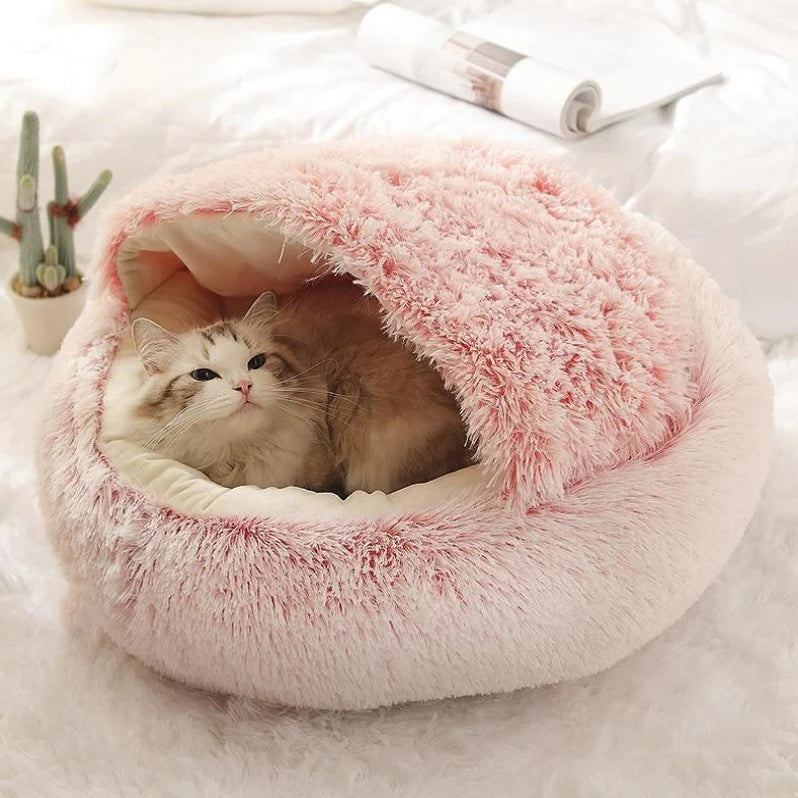 Round Plush Calming Cat Cave – Cozy, Soft, and Warm Pet Bed for Cats & Small Dogs