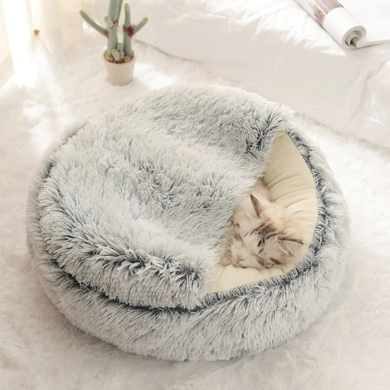 Round Plush Calming Cat Cave – Cozy, Soft, and Warm Pet Bed for Cats & Small Dogs